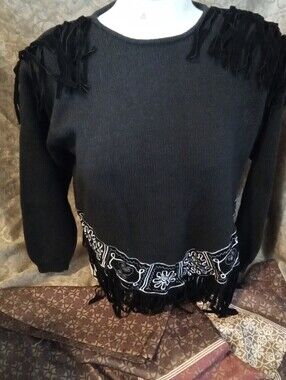 #689 Black Fringe Pullover Sweater with Bandana Trim - M